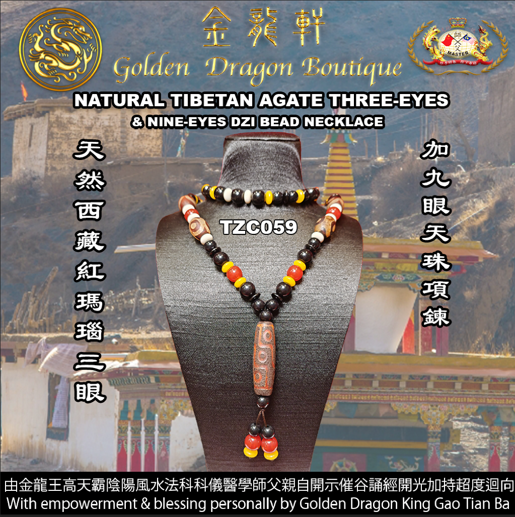 NATURAL TIBETAN AGATE THREE-EYES & NINE-EYES DZI BEAD NECKLACE/天然西藏紅瑪瑙三眼加九眼天珠項鍊
